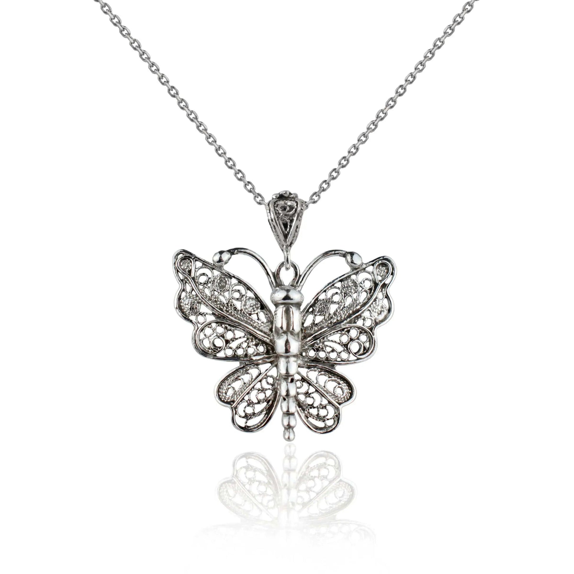 Filigree Art Butterfly Design Women Silver Pendant Necklace-0