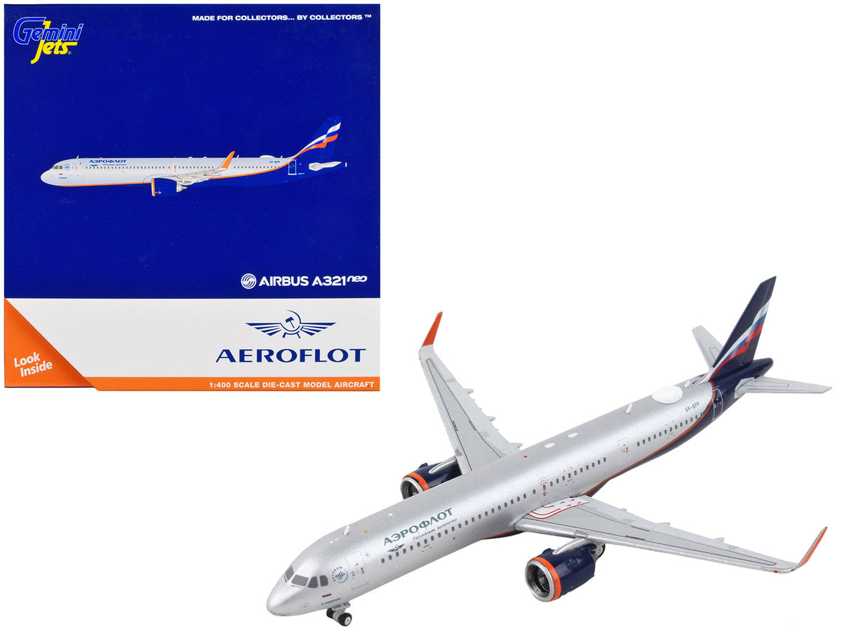 Airbus A321neo Commercial Aircraft "Aeroflot" Silver Metallic with Dark Blue Tail 1/400 Diecast Model Airplane by GeminiJets-0