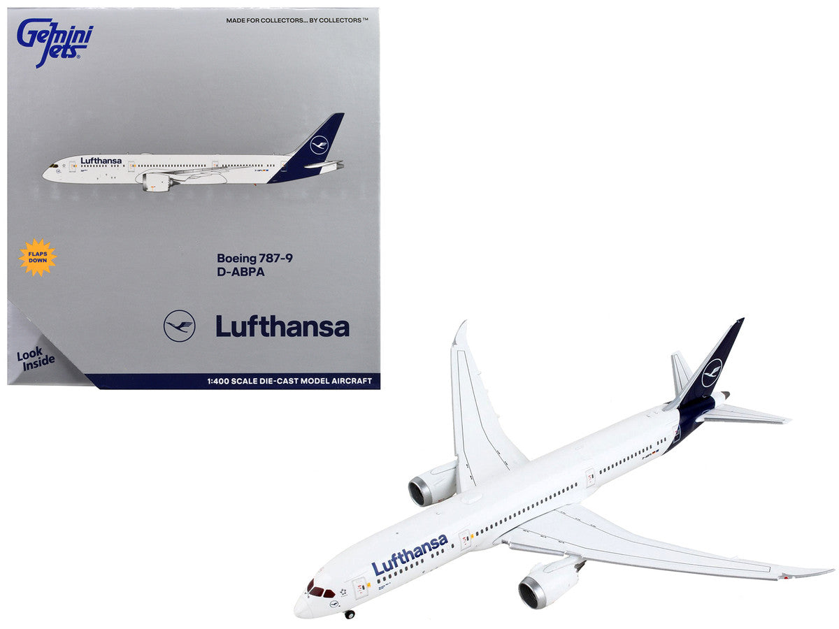 Boeing 787-9 Commercial Aircraft with Flaps Down "Lufthansa" White with Dark Blue Tail 1/400 Diecast Model Airplane by GeminiJets-0