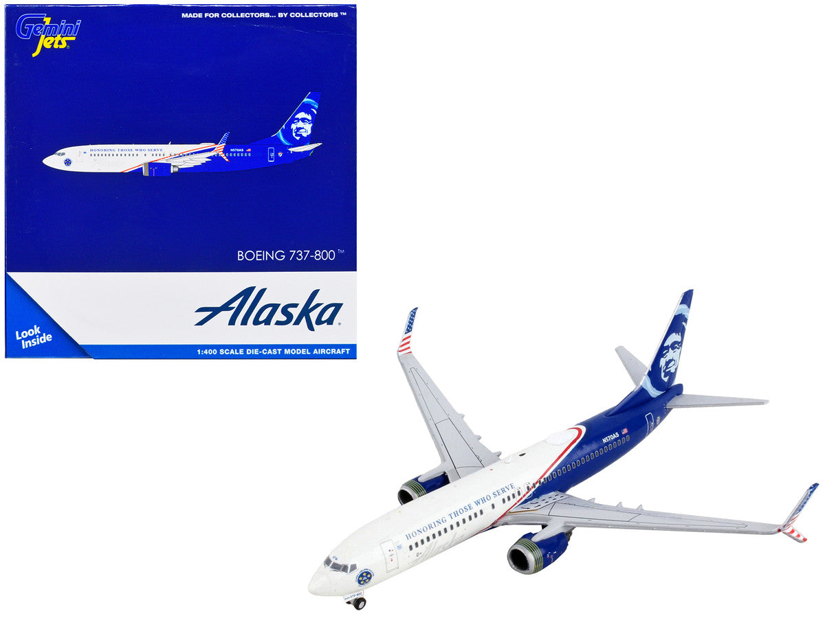 Boeing 737-800 Commercial Aircraft "Alaska Airlines - Honoring Those Who Serve" White and Blue 1/400 Diecast Model Airplane by GeminiJets-0