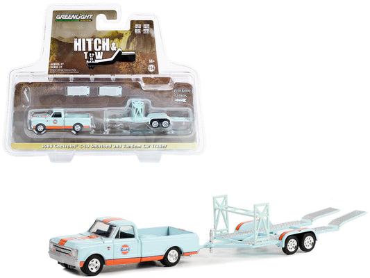 1968 Chevrolet C-10 Shortbed Pickup Truck Light Blue and Orange and Tandem Car Trailer "Gulf Oil" "Hitch & Tow" Series 27 1/64 Diecast Model Car by Greenlight-0