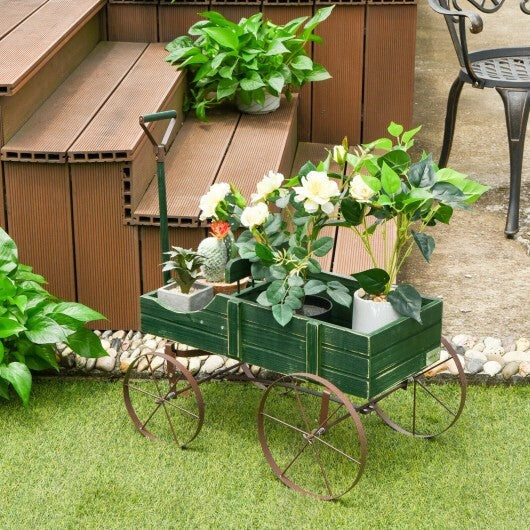 Wooden Wagon Plant Bed With Wheel for Garden Yard-Red