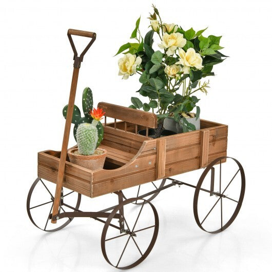 Wooden Wagon Plant Bed With Wheel for Garden Yard-Red