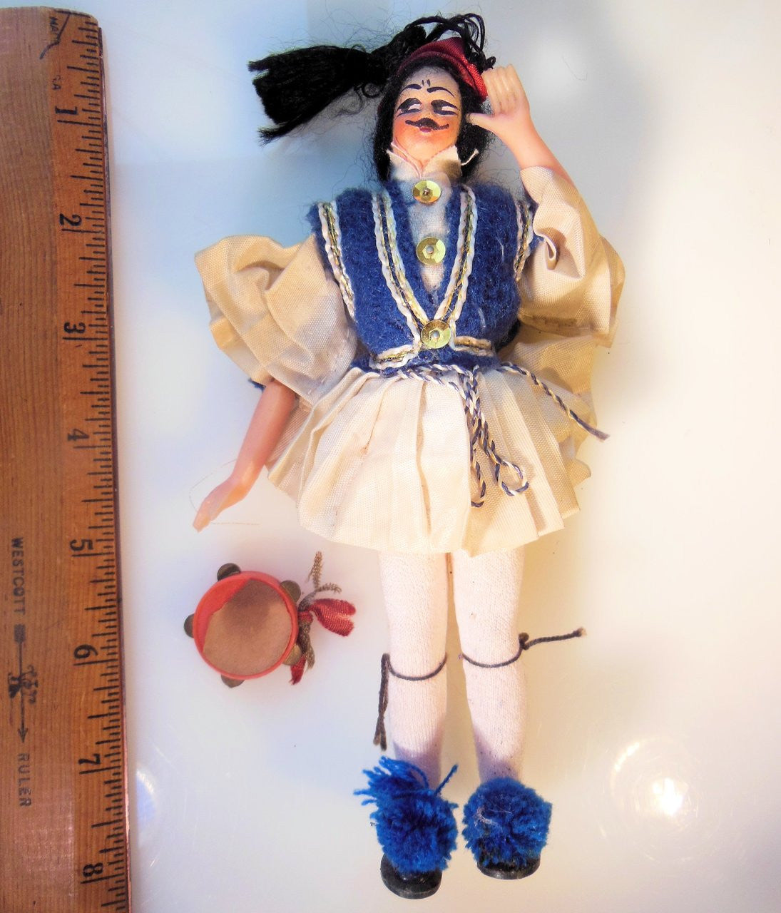 Vintage Greek Souvenir Tsolias Doll: Male Folk Dancer Tambourine Player-0