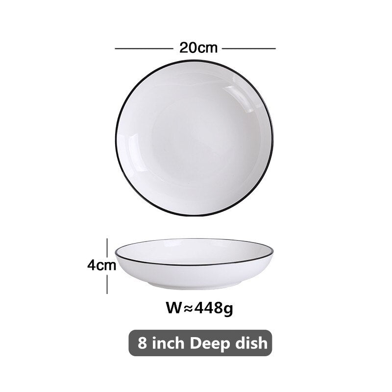 White With Black Edge Dinner Plate Ceramic Kitchen Tray Food Dishes Rice Salad Noodles Bowl Soup Kitchen Cook Tool 1pcs Sale