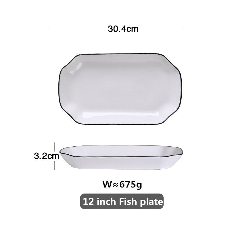 White With Black Edge Dinner Plate Ceramic Kitchen Tray Food Dishes Rice Salad Noodles Bowl Soup Kitchen Cook Tool 1pcs Sale