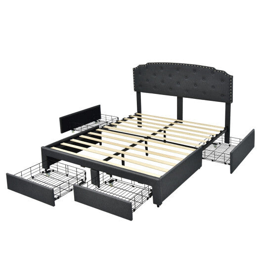 Platform Bed Frame with 4 Storage Drawers Adjustable Headboard - Color: Gray - Size: Full Size