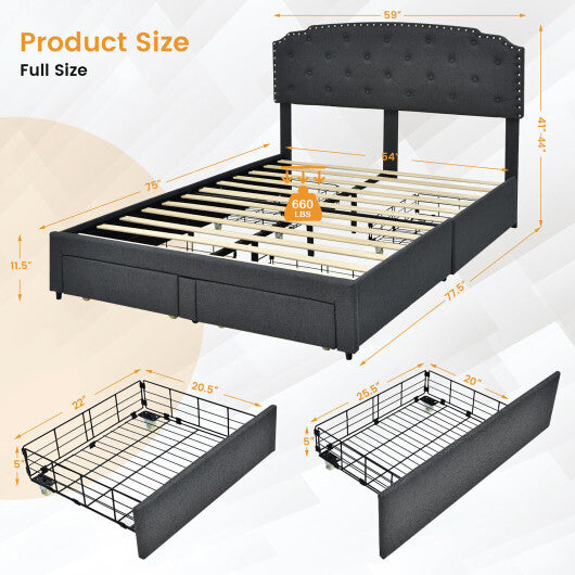 Platform Bed Frame with 4 Storage Drawers Adjustable Headboard - Color: Gray - Size: Full Size