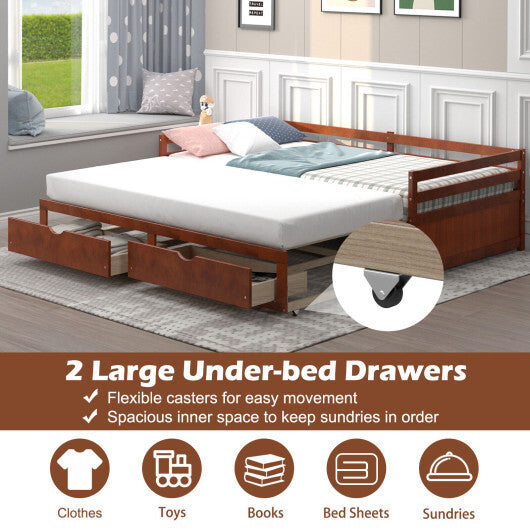 Extendable Twin to King Daybed with Trundle and 2 Storage Drawers