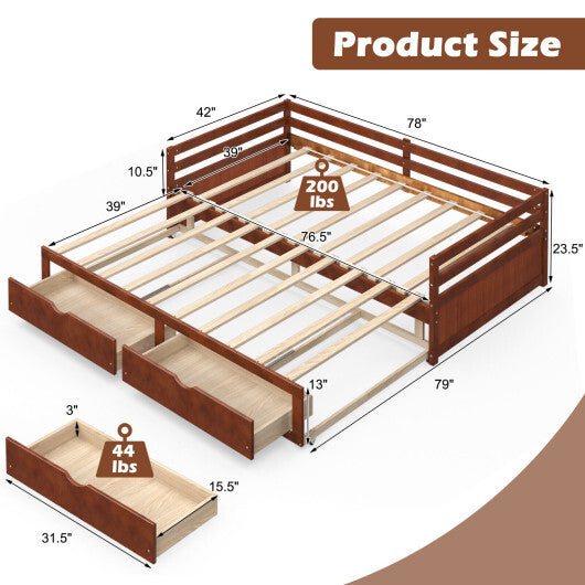 Extendable Twin to King Daybed with Trundle and 2 Storage Drawers