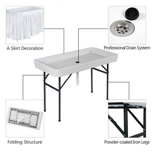 4 Feet Plastic Party Ice Folding Table with Matching Skirt - Color: White