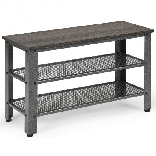 3-Tier Shoe Rack Industrial Shoe Bench with Storage Shelves-Black - Color: Black