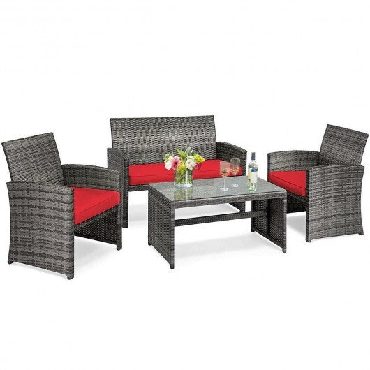 4 Pieces Patio Rattan Furniture Set with Cushions-Red - Color: Red