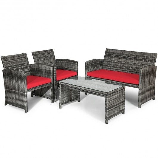 4 Pieces Patio Rattan Furniture Set with Cushions-Red - Color: Red