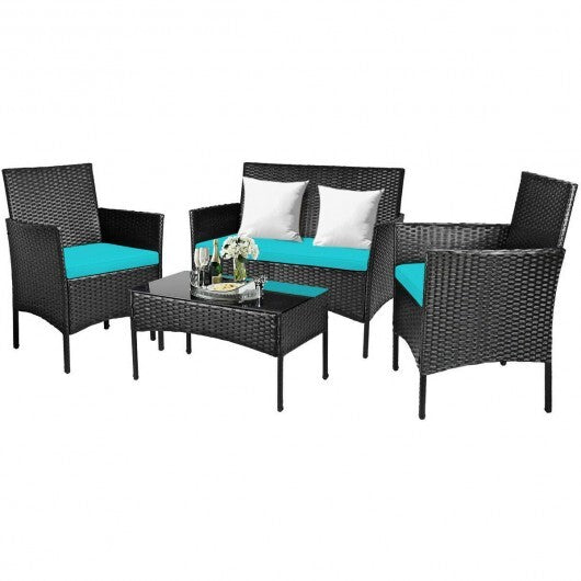 4 Pcs Patio Rattan Cushioned Sofa Furniture Set with Tempered Glass Coffee Table-Turquoise - Color: Turquoise