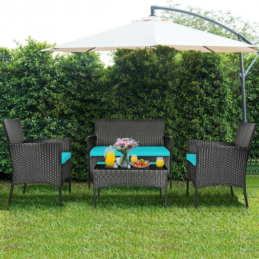 4 Pcs Patio Rattan Cushioned Sofa Furniture Set with Tempered Glass Coffee Table-Turquoise - Color: Turquoise