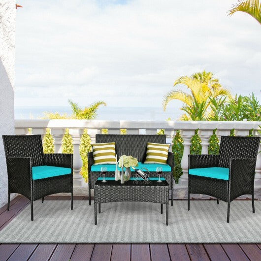 4 Pcs Patio Rattan Cushioned Sofa Furniture Set with Tempered Glass Coffee Table-Turquoise - Color: Turquoise