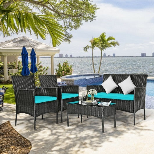 4 Pcs Patio Rattan Cushioned Sofa Furniture Set with Tempered Glass Coffee Table-Turquoise - Color: Turquoise