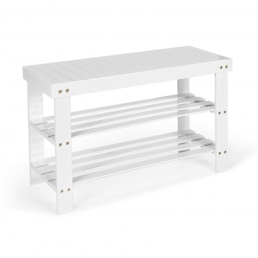 3-Tier Bamboo Shoe Bench Holds up to 6 Pairs for Entry-White - Color: White