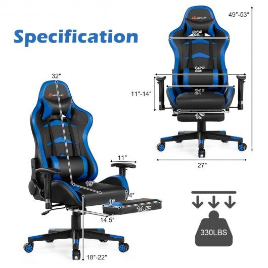 Massage Gaming Chair with Footrest-Blue - Color: Blue