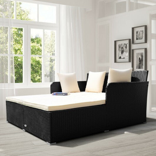 Spacious Outdoor Rattan Daybed with Upholstered Cushions and Pillows-White - Color: White