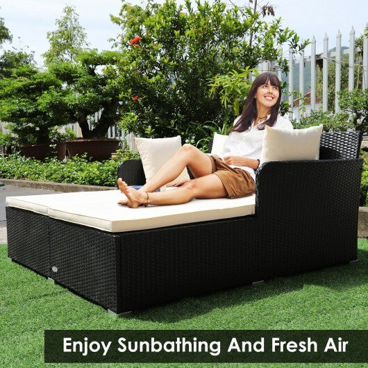 Spacious Outdoor Rattan Daybed with Upholstered Cushions and Pillows-White - Color: White