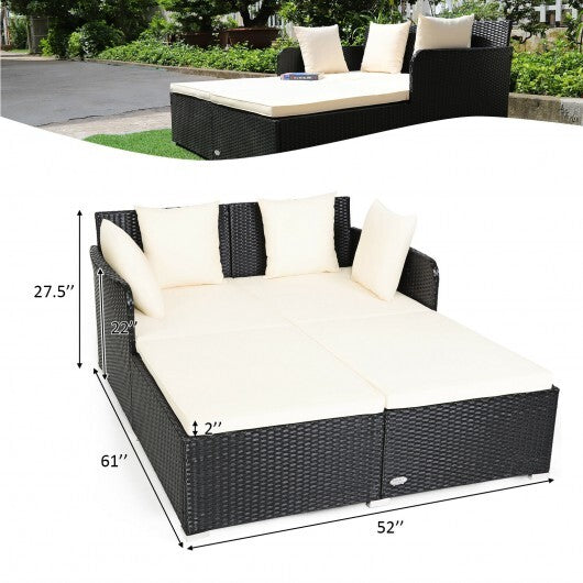 Spacious Outdoor Rattan Daybed with Upholstered Cushions and Pillows-White - Color: White