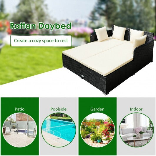 Spacious Outdoor Rattan Daybed with Upholstered Cushions and Pillows-White - Color: White