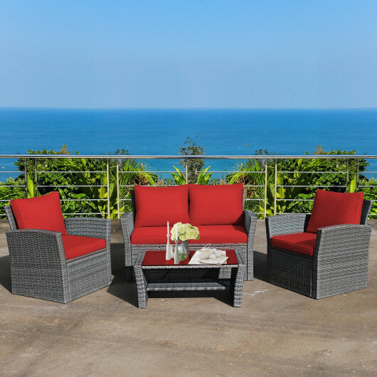 4 Pieces Patio Rattan Furniture Set Sofa Table with Storage Shelf Cushion-Red - Color: Red