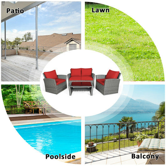 4 Pieces Patio Rattan Furniture Set Sofa Table with Storage Shelf Cushion-Red - Color: Red