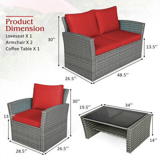 4 Pieces Patio Rattan Furniture Set Sofa Table with Storage Shelf Cushion-Red - Color: Red