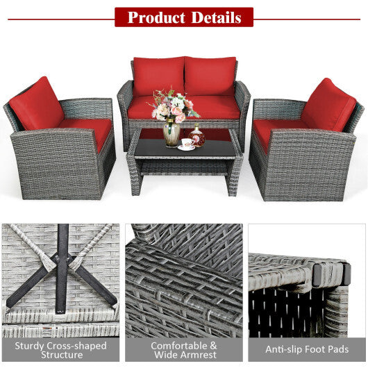 4 Pieces Patio Rattan Furniture Set Sofa Table with Storage Shelf Cushion-Red - Color: Red