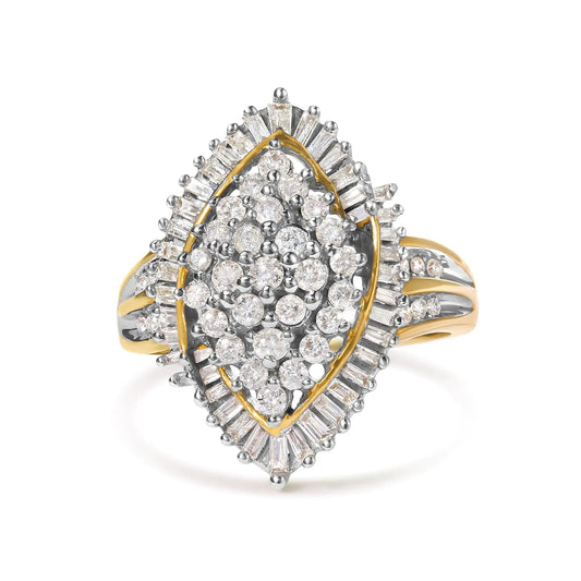 10K Yellow Gold 1.0 Cttw Round and Baguette-Cut Diamond Cluster Ring (I-J Color, SI2-I1 Clarity)