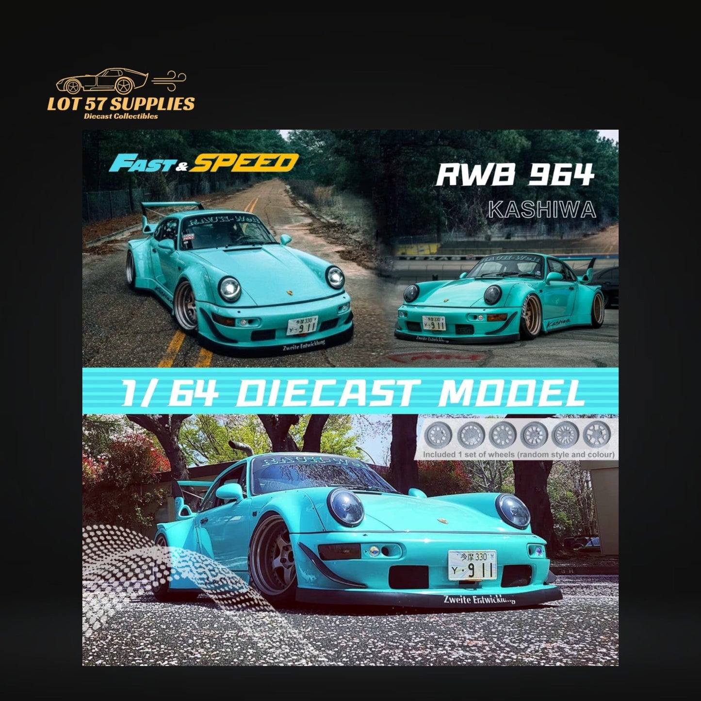 (Pre-Order) Fast Speed Porsche 964 RWB Widebody KASHIWA X Version Rear Wing in Tiffany Blue 1:64-0