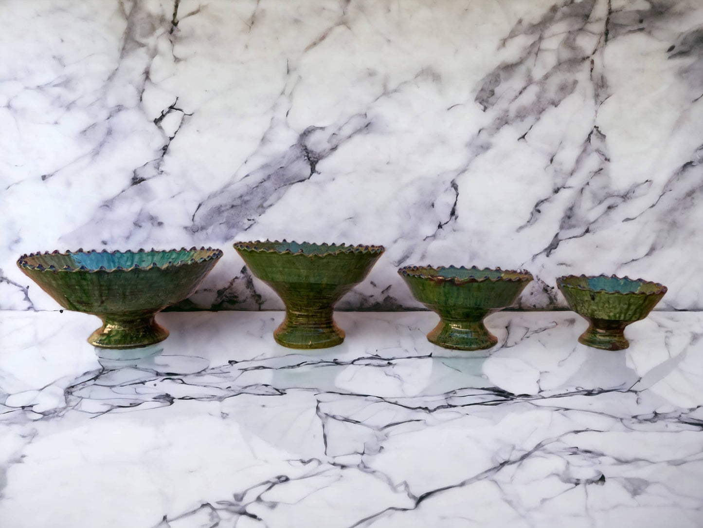 Tamegroute Fruit Bowls, Tamegroute Bowls Green Glazed Pottery, Set of 4 ceramic Fruit bowls, Tamegroute bowls, each handmade in Morocco.-4