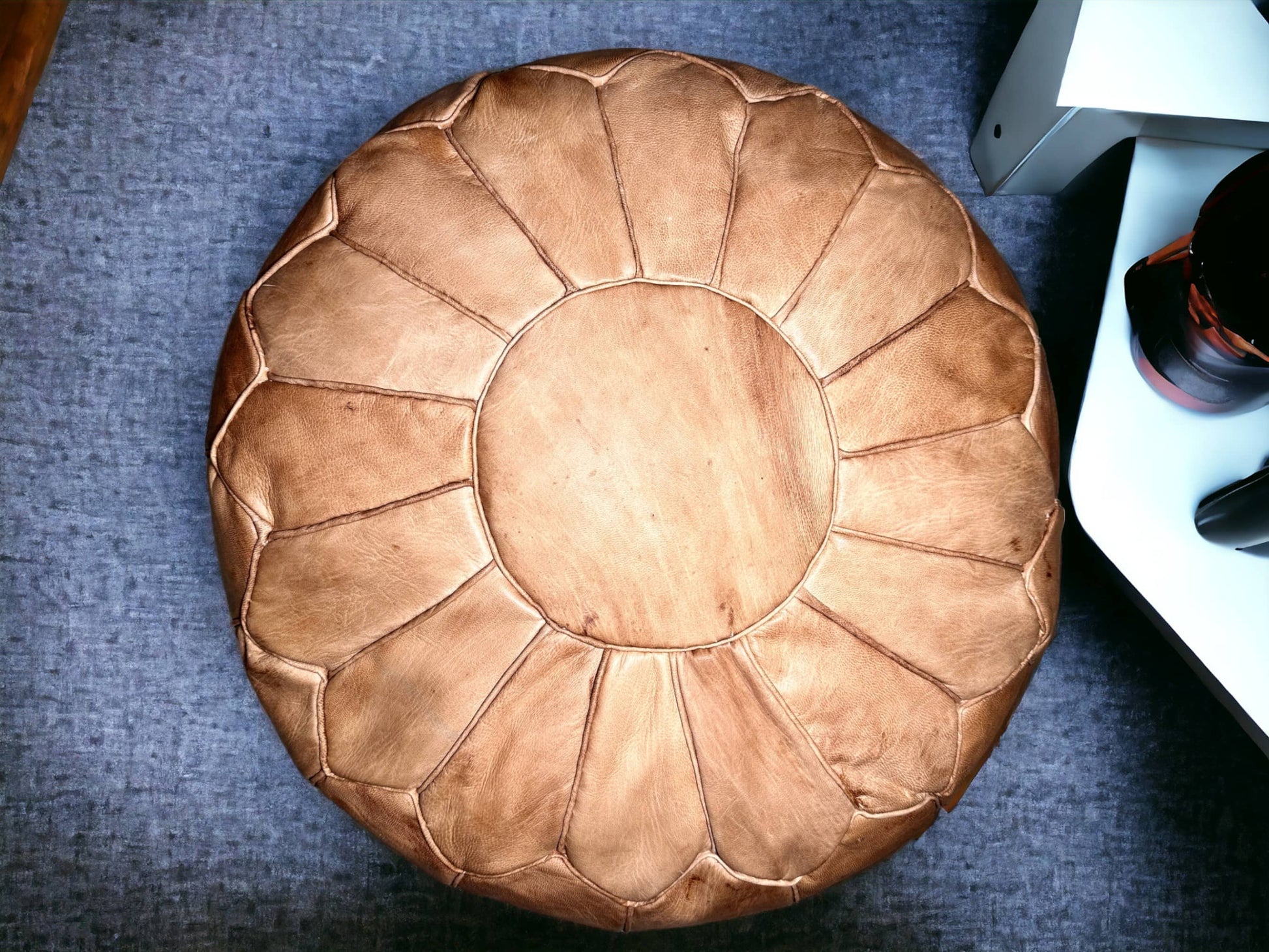 Moroccan Charm: Natural-Tan Leather Ottoman Pouf-1