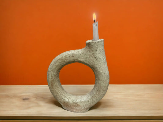 Artisan-Made Tamegroute Abstract Ring Candlestick Sculpture - Natural Finish Moroccan Pottery-0