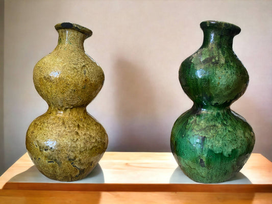 Artisan Handmade Moroccan Tamegroute Green & Ochre Glazed Double Round Vase-0