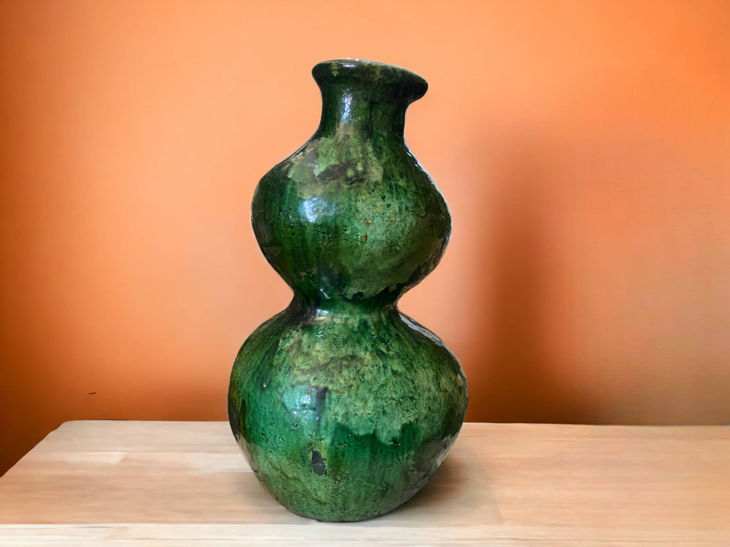 Artisan Handmade Moroccan Tamegroute Green & Ochre Glazed Double Round Vase-2