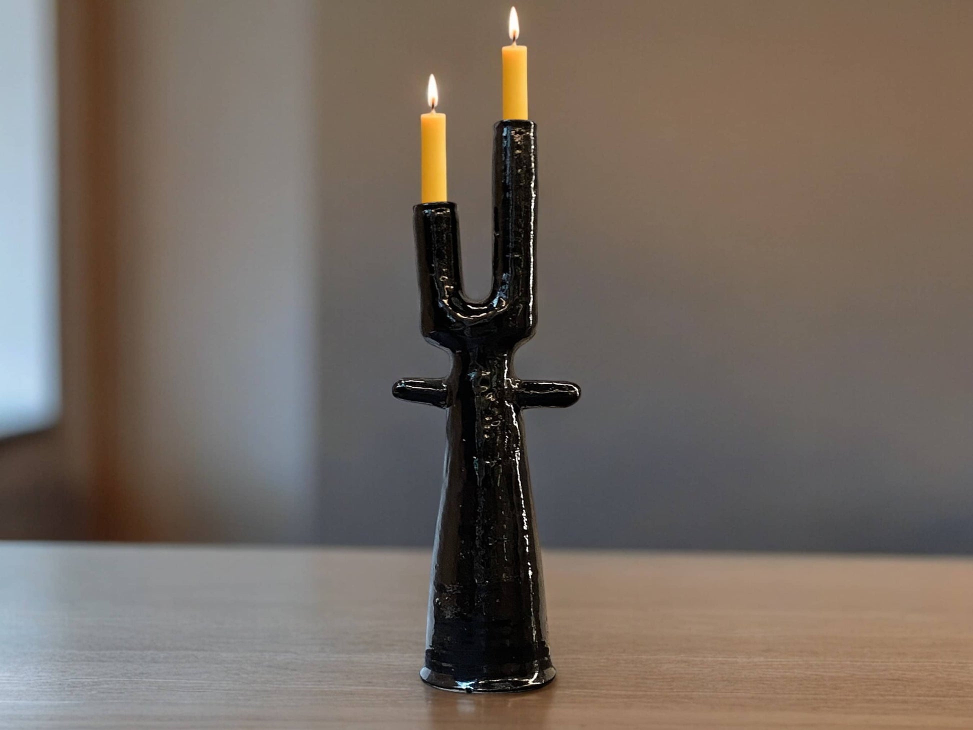 Handmade Moroccan Tamegroute  Cactus Twin Candlestick Holder - Vintage Black Glaze-2