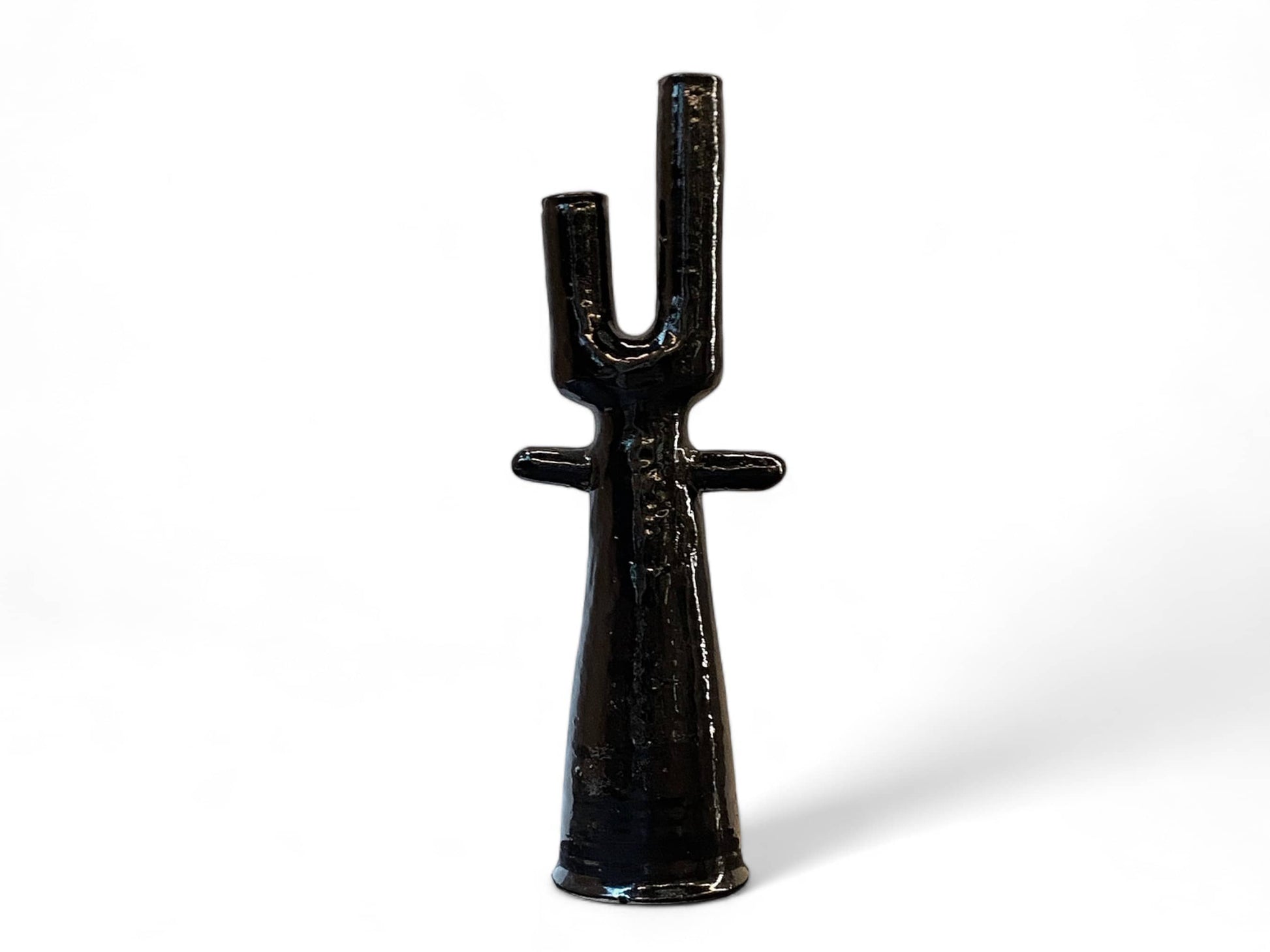 Handmade Moroccan Tamegroute  Cactus Twin Candlestick Holder - Vintage Black Glaze-4