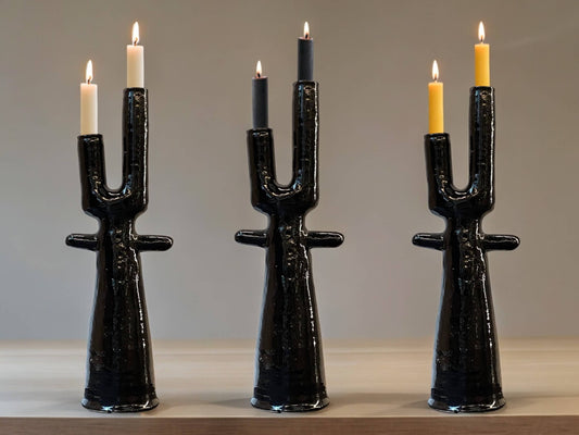 Handmade Moroccan Tamegroute  Cactus Twin Candlestick Holder - Vintage Black Glaze-0