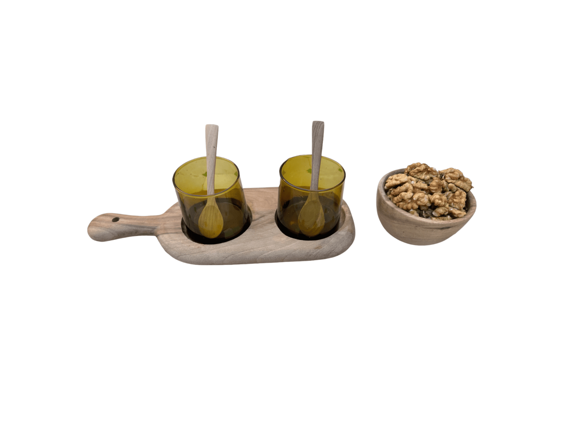 Walnut Wood Serving Set with Handcrafted Recycled Glassware and Walnut Bowl-3