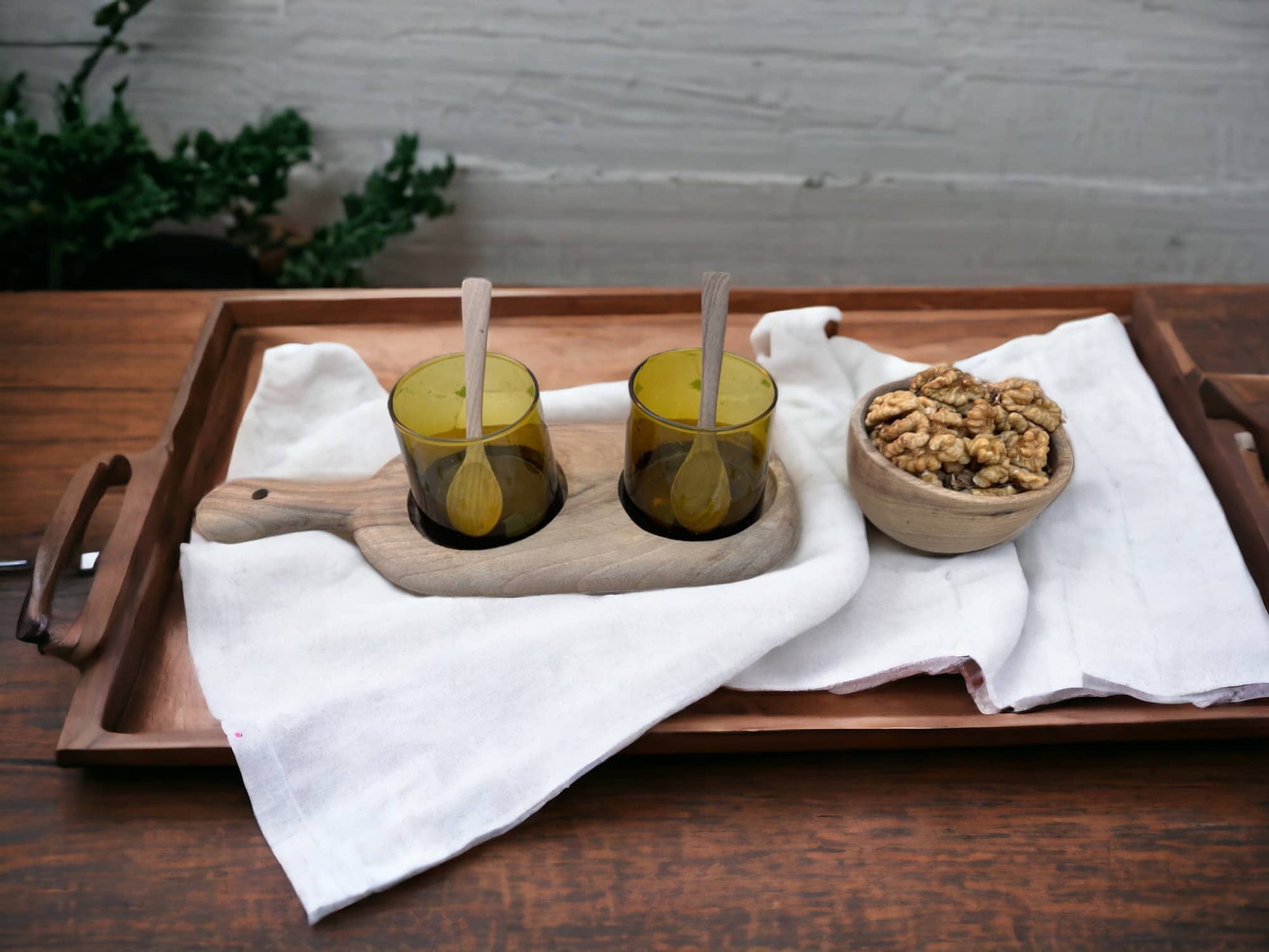 Walnut Wood Serving Set with Handcrafted Recycled Glassware and Walnut Bowl-0