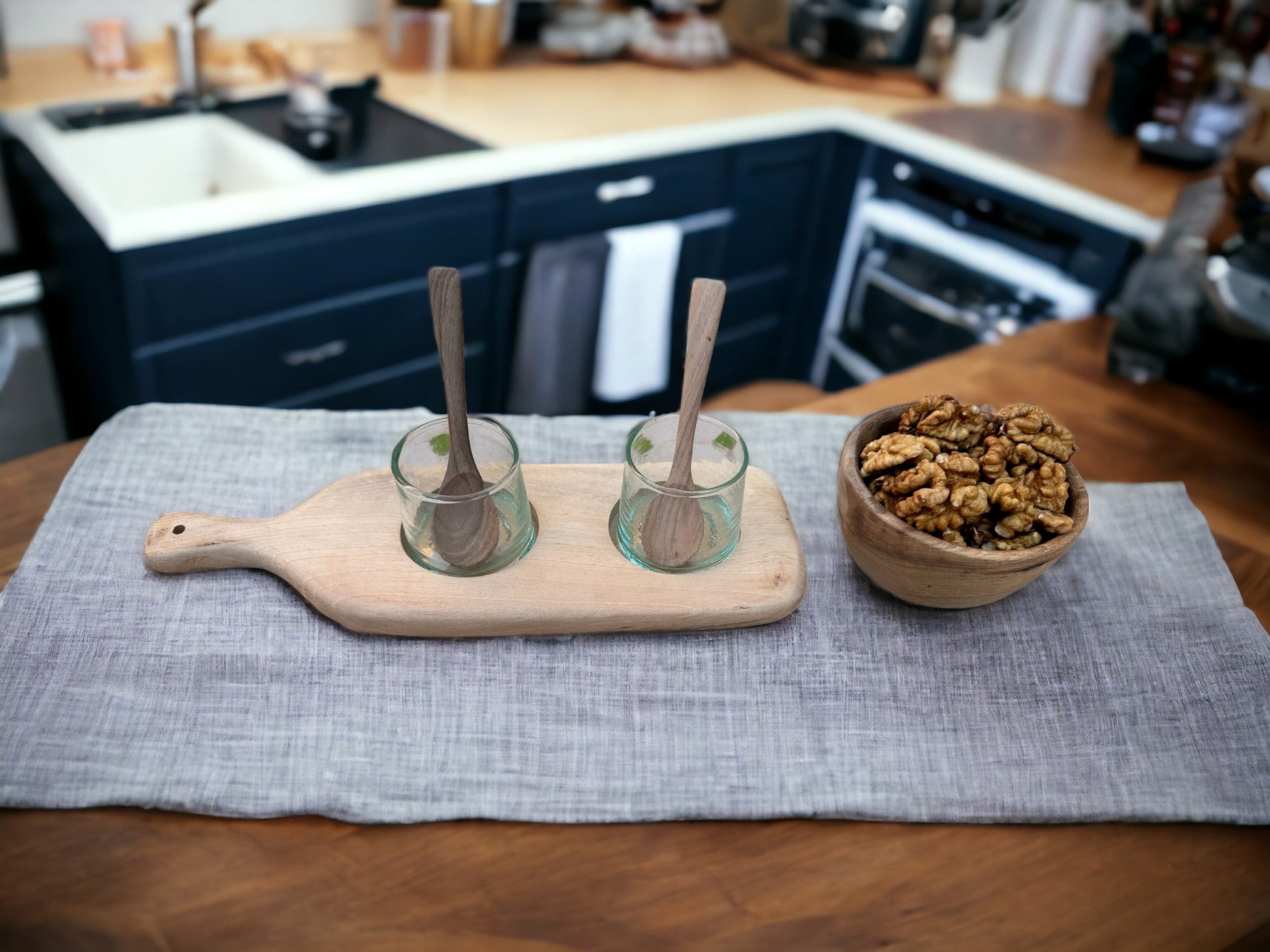 Walnut Wood Serving Set with 2 Recycled Glass Tumblers-1