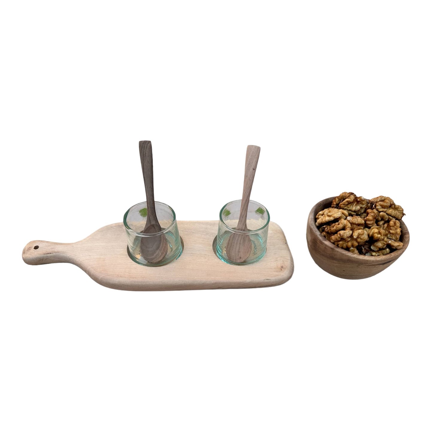 Walnut Wood Serving Set with 2 Recycled Glass Tumblers-2