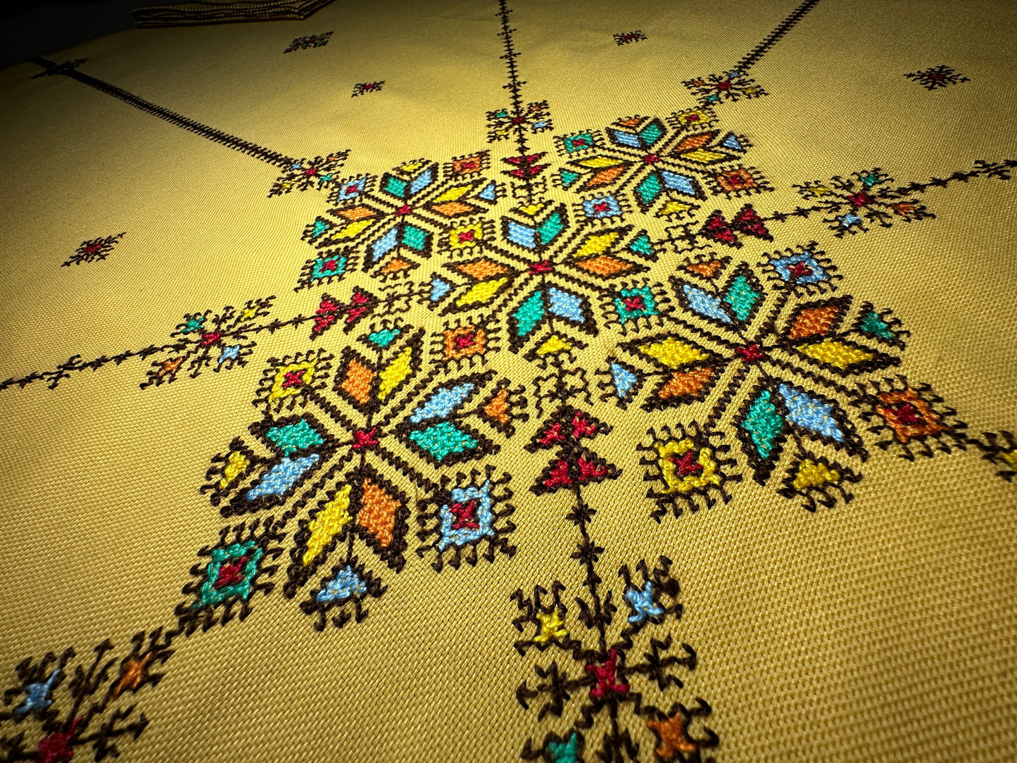 Yellow Hand Embroidered Table cloth and napkins, a magnificent decoration to add a Moroccan touch to your home.-4