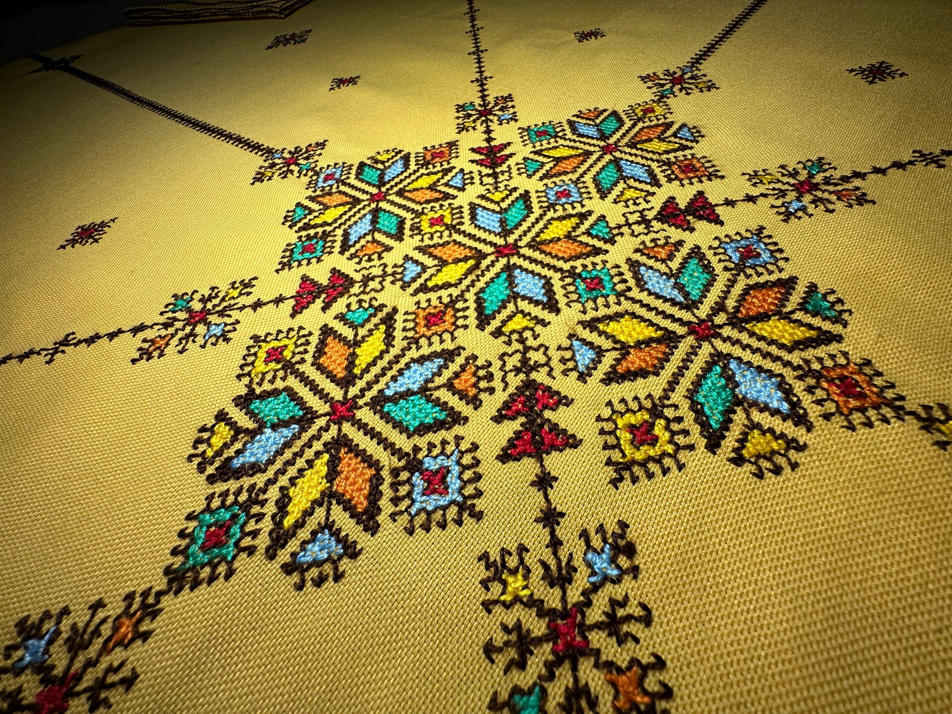 Yellow Hand Embroidered Table cloth and napkins, a magnificent decoration to add a Moroccan touch to your home.-4