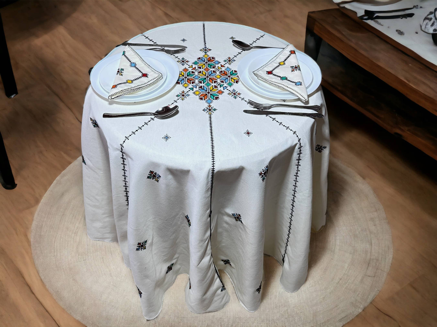 Black Hand Embroidered Table cloth and napkins, a magnificent decoration to add a Moroccan touch to your home.-3