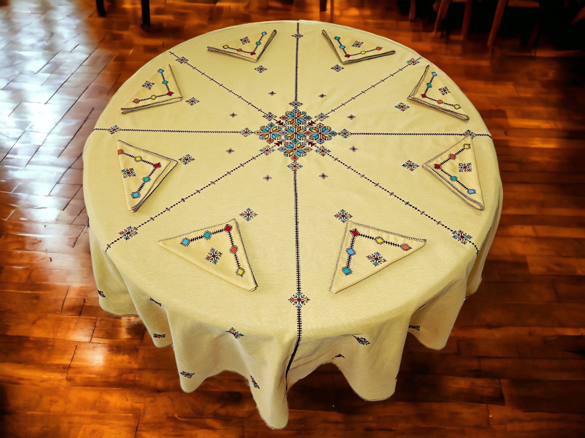 Yellow Hand Embroidered Table cloth and napkins, a magnificent decoration to add a Moroccan touch to your home.-1